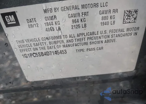 2013 Chevrolet Cruze 1Lt Auto z USA, uszkodzony, nr VIN 1G1PC5SB4D7145453